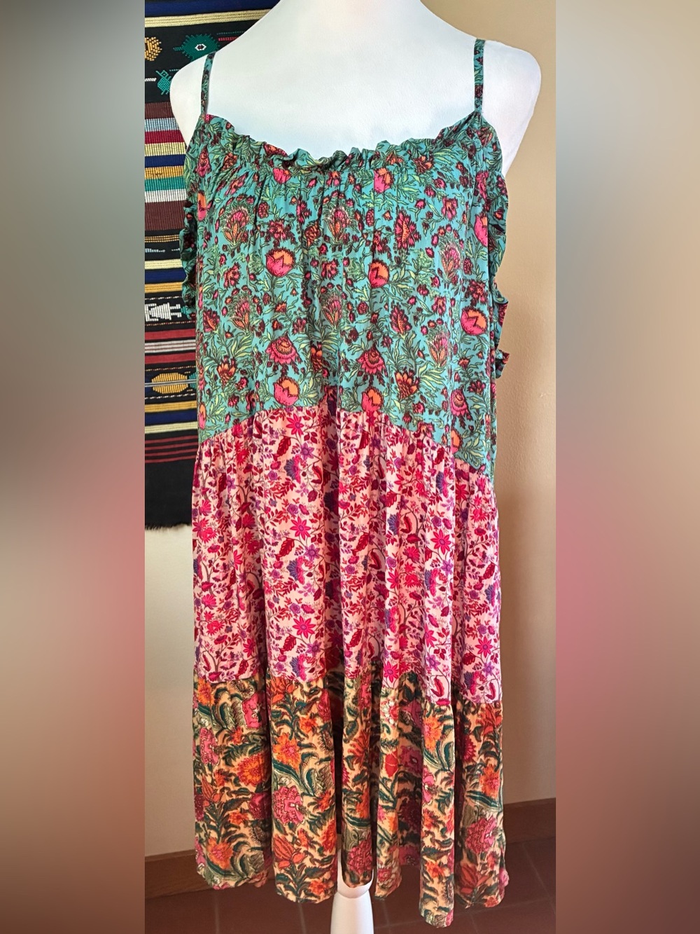 NWT Natural Life Floral Tiered Mini Dress Ruffled Neckline Boho Hippy XL